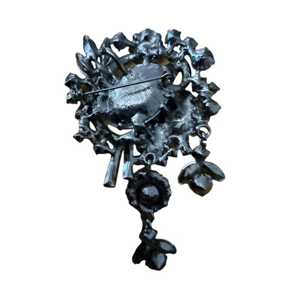 Vintage Blue Rhinestone Floral Brooch With Dangling Charms - Picture 4 of 4